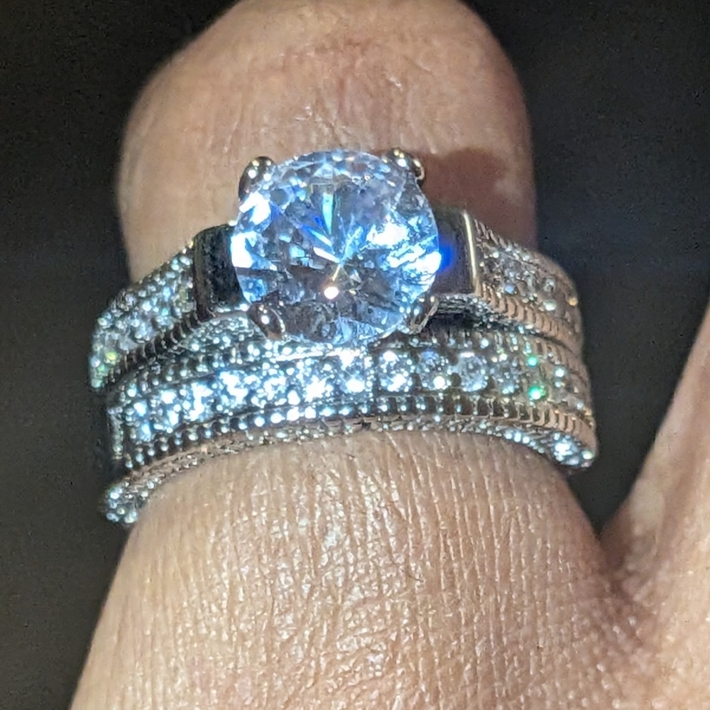 Women's Elegant 925 Silver Diamond Wedding Ring Set Sz 6